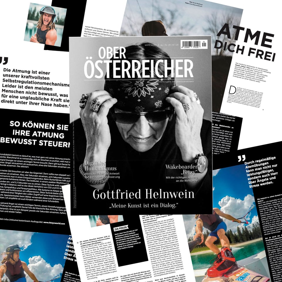 Collage aus dem Magazin Der Oberösterreicher mit dem Artikel Atme dich frei