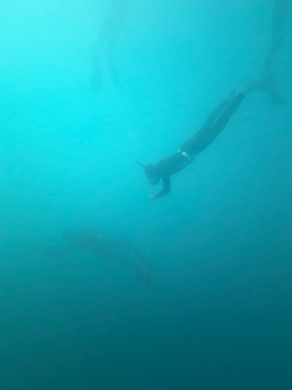Freitaucher mit langen Flossen im türkisfarbenen Wasser
