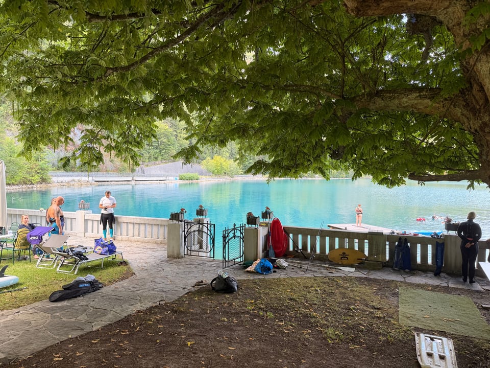 Blick unter einem Baum auf den Badeplatz am Attersee