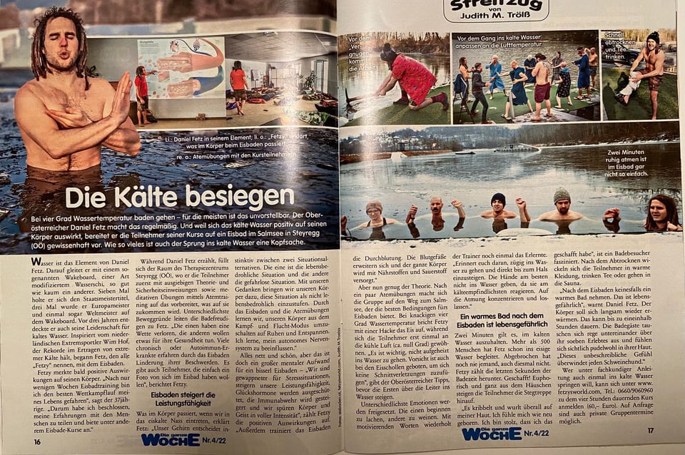 Doppelseite aus Die ganze Woche über einen Eisbade-Workshop mit Daniel Fetz am Salmsee