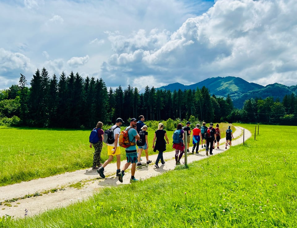 Gruppe wandert gemeinsam durch eine grüne Berglandschaft