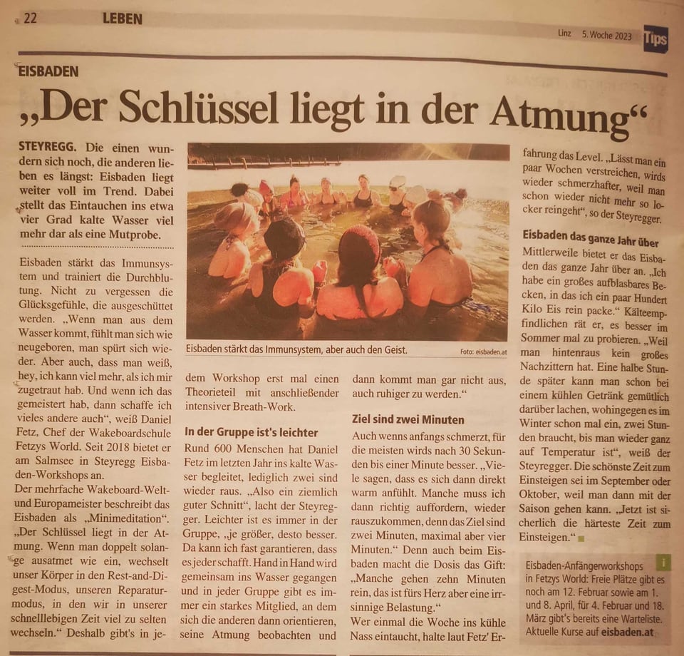 Zeitungsartikel der Tips mit einer Eisbadegruppe im Salmsee und Daniel Fetz über Atmung im kalten Wasser