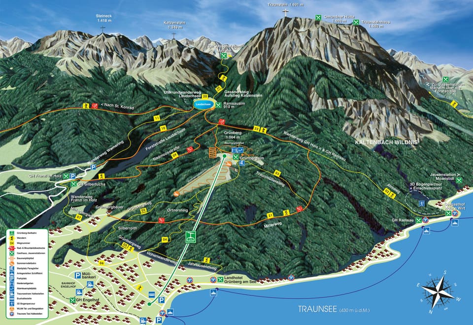 Panoramakarte mit Grünberg, Wanderwegen und Laudachsee